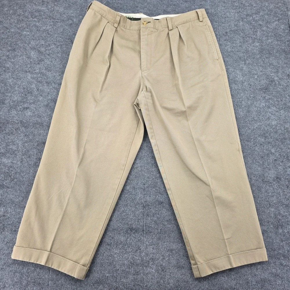 Orvis Mens 42 Pleated Khaki Chino Pants Heavy Cotton Twill Cuffed Tan Tailored